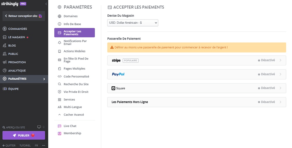 null Paiements Strikingly